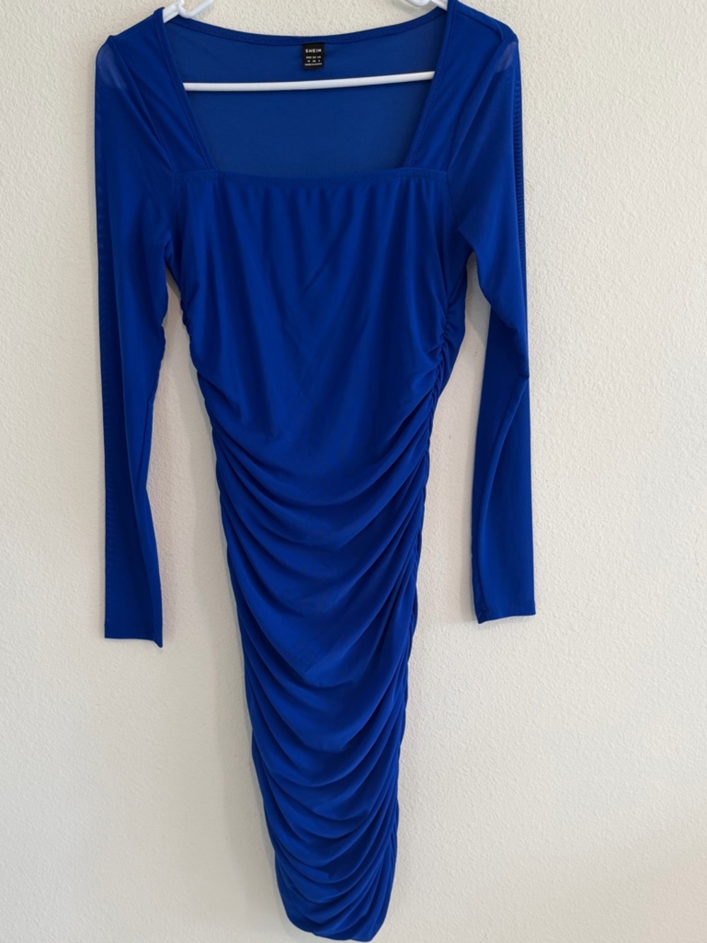 SHEIN Electric Blue Ruched Square Neck Long Sleeve Dress